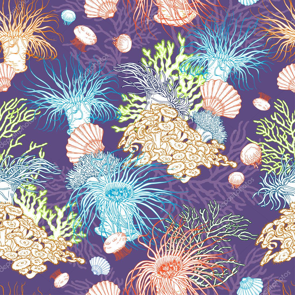 Colorful seamless pattern with sea anemones, corals, jelly fishes and shells.