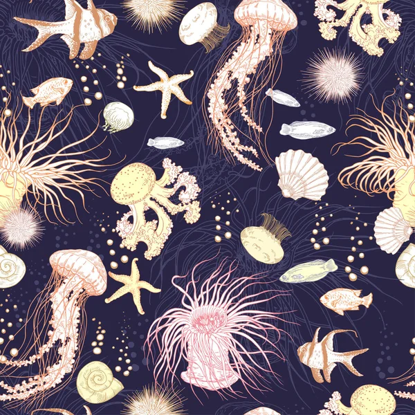Seamless pattern with tropical fishes, shells and sea anemones. — Stockvektor