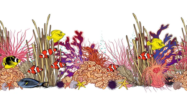 Seamless horizontal border with colorful corals, sea anemones, seaweeds and tropical fishes. — ストックベクタ