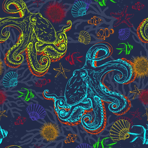 Seamless pattern with underwater creatures, fishes and octopuses. — Stock vektor