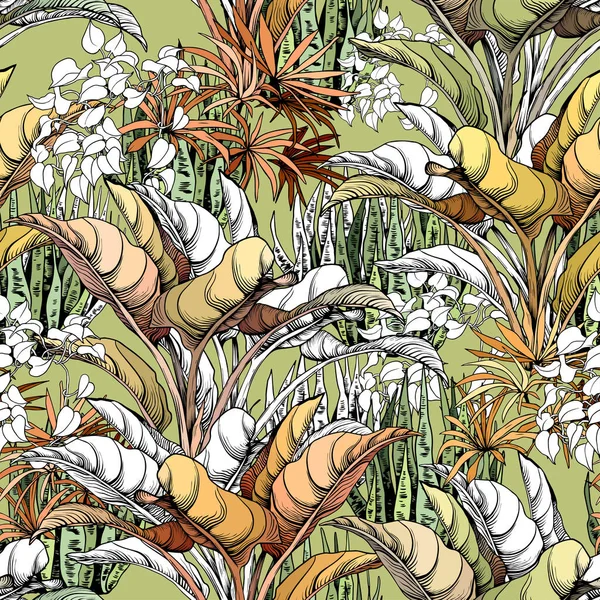 Grandes feuilles tropicales et serpents panachés . — Image vectorielle