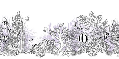Seamless horizontal border with underwater scenery and tropical fishes. vector Seamless horizontal border with underwater scenery and tropical fishes. vector