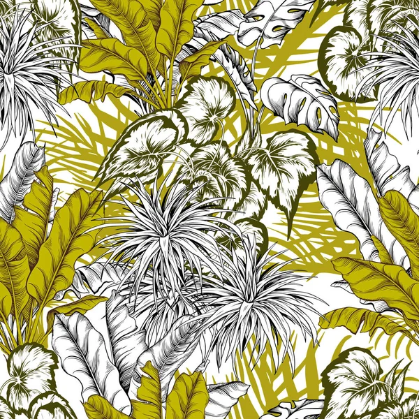 Бесшовный рисунок с зелеными тропическими растениями и банановыми листьями . — стоковый вектор