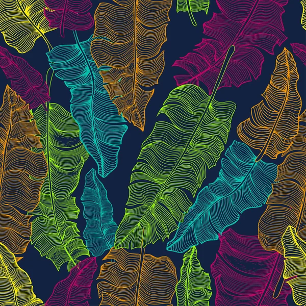 Seamless pattern with colorful stylized banana leaves. — ストックベクタ