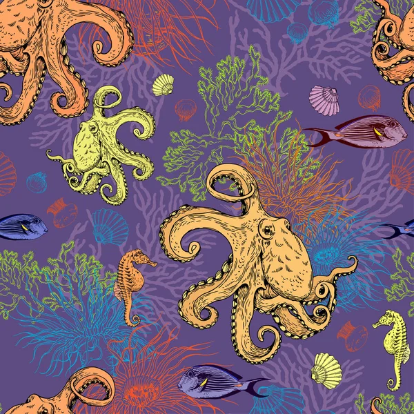 Seamless pattern with underwater creatures on purple background. — Stock vektor