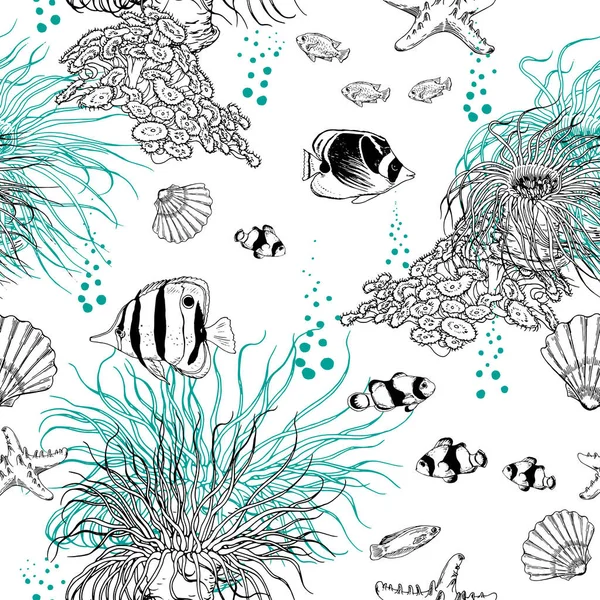 Modèle sans couture avec des poissons tropicaux noirs et blancs et des créatures sous-marines . — Image vectorielle