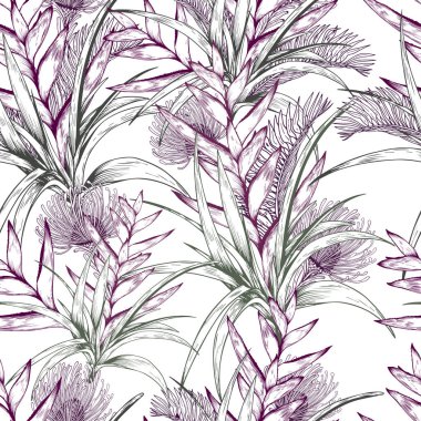 Seamless vintage pattern with tropical protea and heliconia flowers.