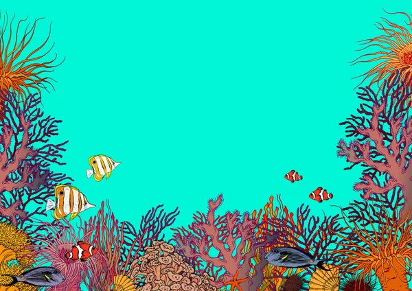 Turquoise blue underwater scenery with corals, sea anemones and beautiful tropical fishes. — Wektor stockowy