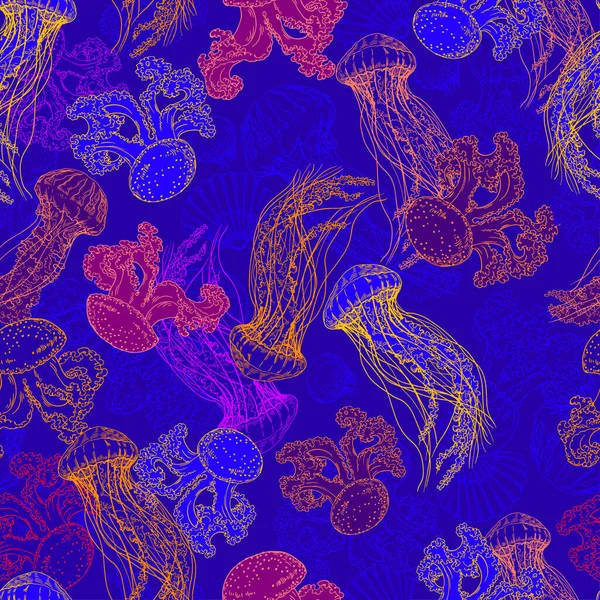 Färgglatt sömlöst mönster med geléfiskar. — Stock vektor
