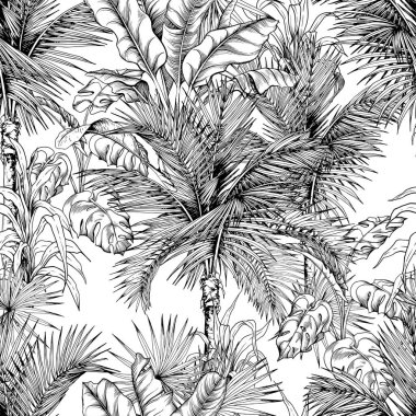 Kusursuz tropik palmiye yapraklarıyla siyah ve beyaz desenli..