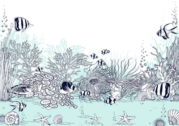 Paysage sous-marin avec coraux, anémones de mer et poissons tropicaux . — Image vectorielle