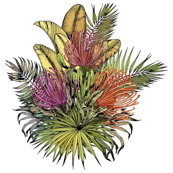 Тропический букет с экзотическими цветами Pincushion Protea и пальмовыми листьями . — стоковый вектор