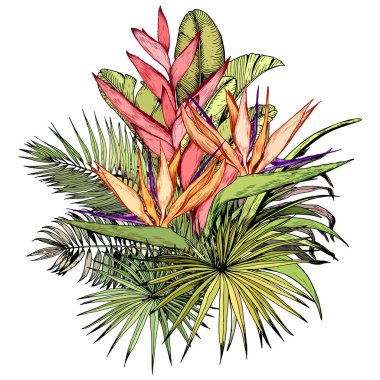 Egzotik Cennet çiçekleri ve yeşil palmiye yapraklarıyla tropik bir buket..