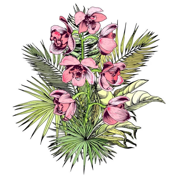 Tropická kytice s růžovými orchidejemi a zelenými palmovými listy. — Stockový vektor
