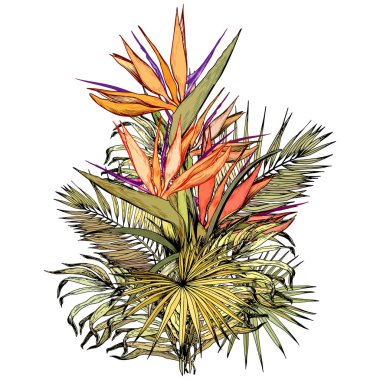 Cennet çiçekleri ve palmiye yapraklarıyla tropik bir buket..