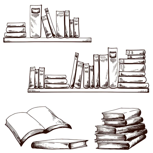 Sketch of books on wall shelves. — Stock Vector