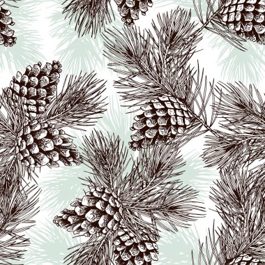 Elle çizilmiş çam dalları ve koni ile kusursuz desen.