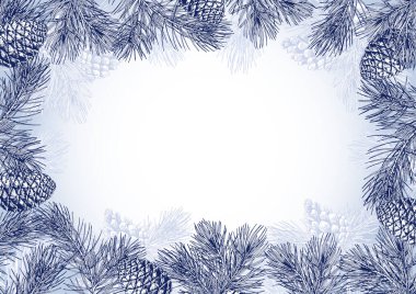 Gerçekçi çam dalları ve konileri olan Noel çerçevesi.