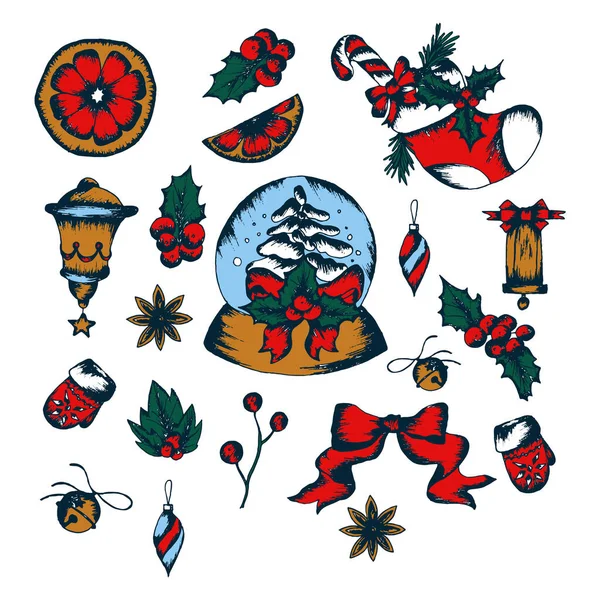 Traditionelle Symbole des Neujahrsvektors Hand gezeichnet Set — Stockvektor