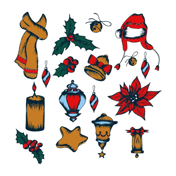 Símbolos tradicionales de Año Nuevo Vector mano dibujado conjunto — Vector de stock