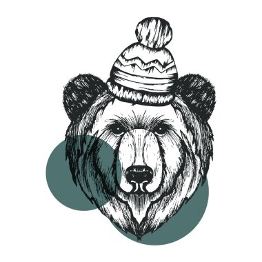 Retro Hipster Ayısı Hayvan Sıcak Kış Şapkası Vektör İllüstrasyonu Giyiyor