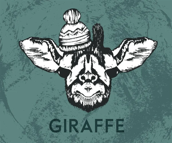 Mooie hand getekend Giraffe Muilkorf dragen Winter Hat Vector Illustratie — Stockvector