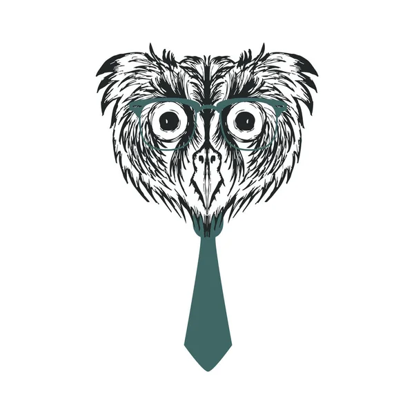 Hipster vogel uil met mussy veren dragen stropdas vector illustratie — Stockvector