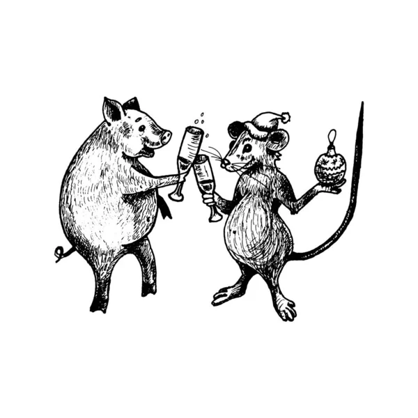 Rat med lång svans som nyårssymbol Dricka Champagne med symbol för föregående år Pig Vector Illustration — Stock vektor