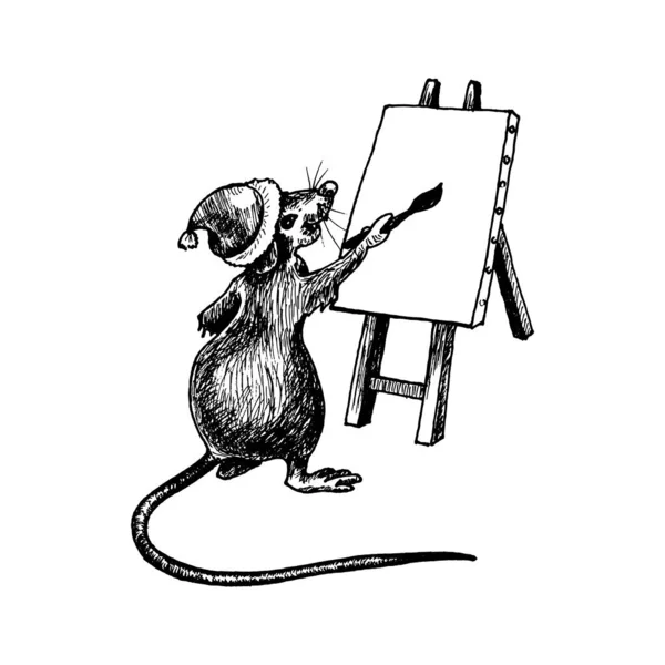 Rata con cola larga como símbolo de año nuevo con sombrero de vacaciones de invierno dibujo Vector Ilustración — Vector de stock