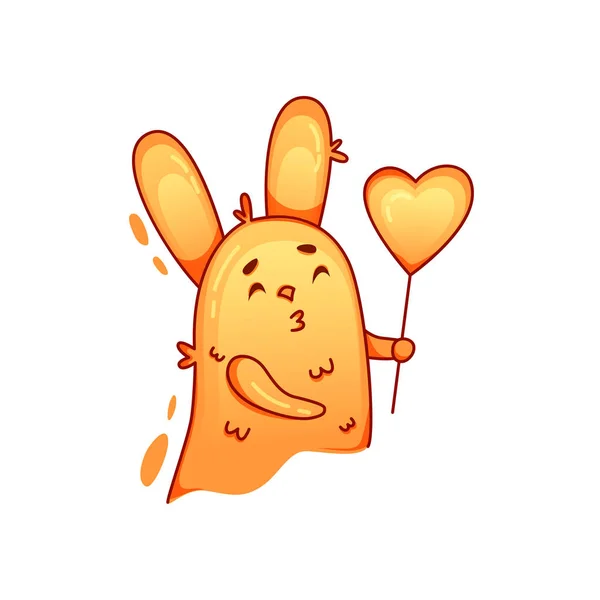 Забавный оранжевый заяц с длинными ушами, держащий в руках воздушный шар, выражающий вектор любви — стоковый вектор