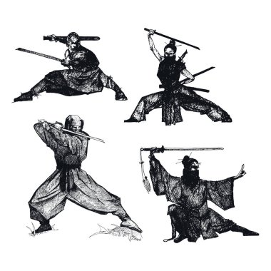 Beyaz Arkaplan Vektörüne İzole edilmiş Ninja Askerler Çizilmiş Çizimler Ayarlandı