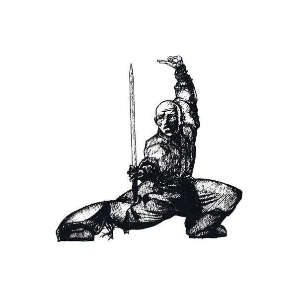 Ninja Soldaat Man met Wapen Geïsoleerd op Witte Achtergrond Vector Getekende Illustratie — Stockvector