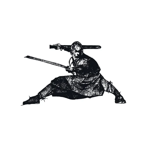 Ninja-Figur mit Maske und in Kampfpose isoliert auf weißem Hintergrund skizzierte Illustration — Stockvektor