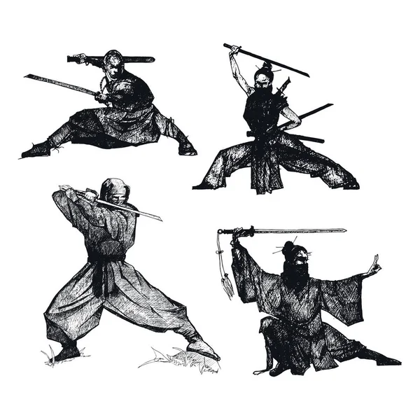 Ninja-Soldaten mit Waffen isoliert auf weißem Hintergrund Vektor skizzierten Illustrationen Set — Stockvektor