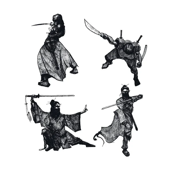 Ninja karakters dragen masker in de strijd Pose geïsoleerd op witte achtergrond vector geschetste illustraties set — Stockvector