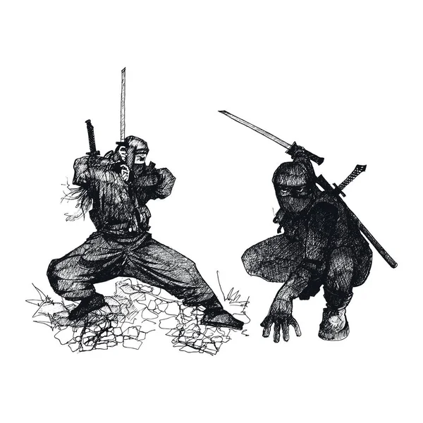 Ninja-Figuren tragen Maske in Kampfpose isoliert auf weißem Hintergrund Vektor skizzierte Illustrationen gesetzt — Stockvektor