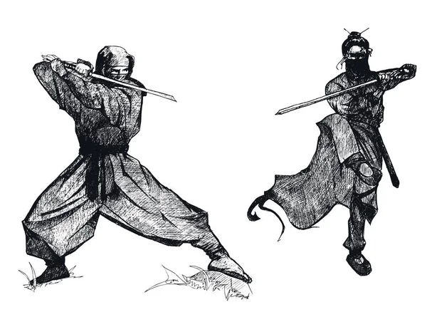 Ninja personnages portant masque dans les combats Pose isolé sur fond blanc vecteur croquis Illustrations Set — Image vectorielle