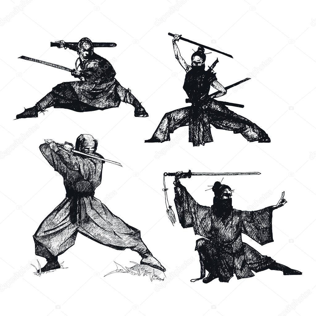 Ninja Soldiers with Weapons Isolated on White Background Vector Sketched Illustrations Set