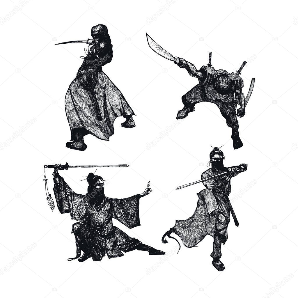 Ninja Characters Wearing Mask in Fighting Pose Isolated on White Background Vector Sketched Illustrations Set