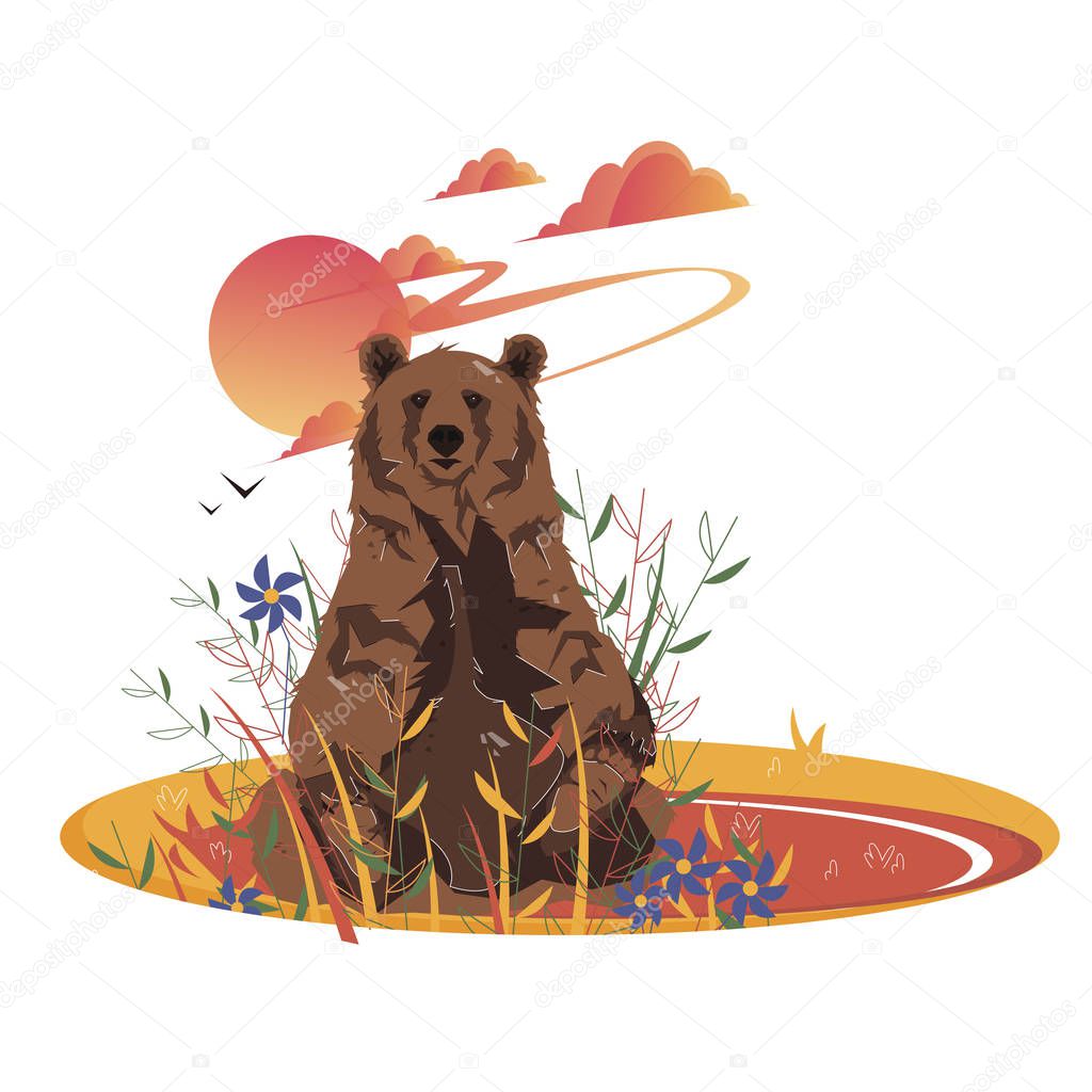 Brown Bear Sitting on Field Among Flowers at Sunset Vector Illustration