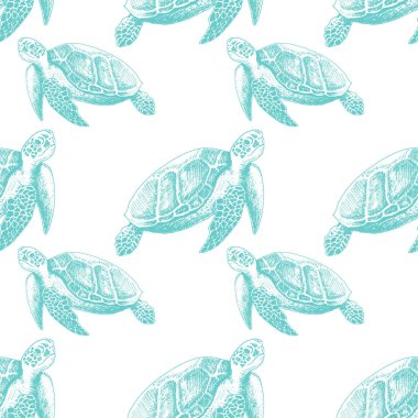 Su altı Deniz Şablonu. Detaylı Loggerhead Kaplumbağa Su Vektörü Duvar Kağıdının Derinlerinde Yüzüyor