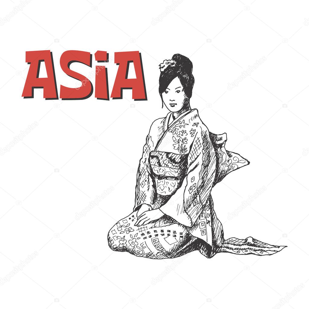 Geisha Woman Wearing Formal Kimono and Sitting on Her Knees Vector Illustration. Sketched Drawn Japanese Female Entertaining Guests Concept