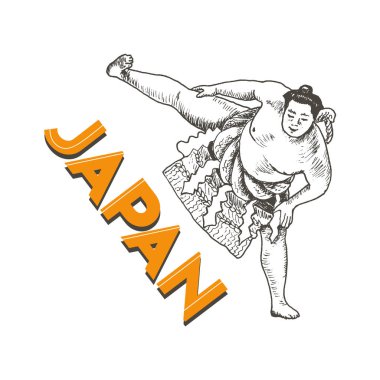 Sumo Fighter, hava vektörü illüstrasyonunda sağ bacağıyla ayakta duruyor. Geleneksel Japon Dövüşünün Çizilmiş Resmi