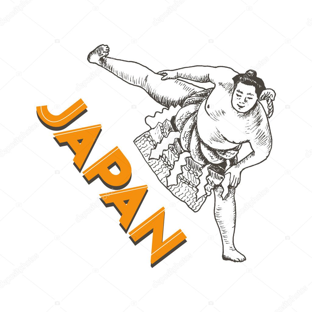 Sumo Fighter Standing with His Right Leg Up in the Air Vector Illustration. Sketched Picture of Traditional Japanese Fight