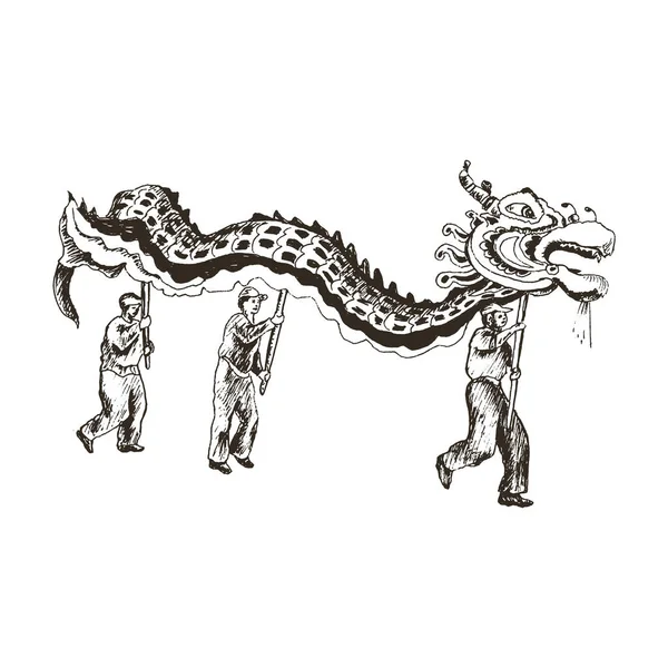 中国の旧正月のドラゴンダンスパレードベクトルイラスト アジア旧暦の休日の手は招待カードのために隔離されたお祭りパーティーで人々のキャラクターを描きました — ストックベクタ