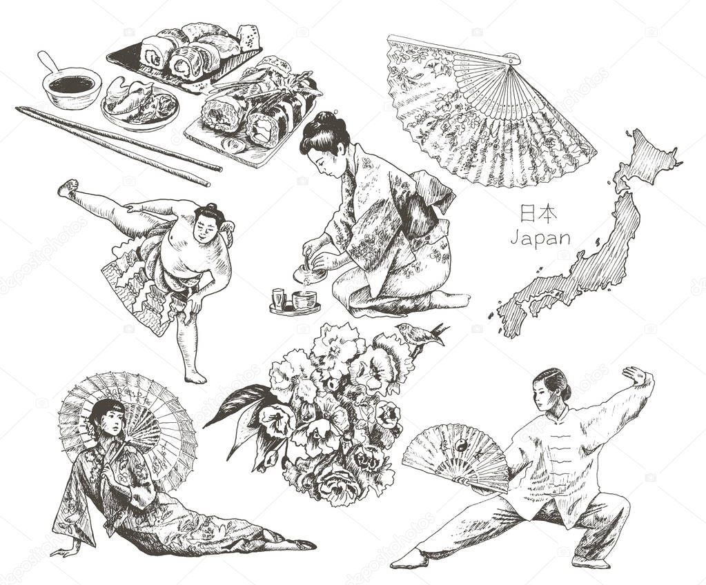 Japanese Culture Attributes and People with Hand Fan and Geisha Sitting with Umbrella on the Ground Vector Illustrations Set. Hand Drawn Authentic Sketches Concept