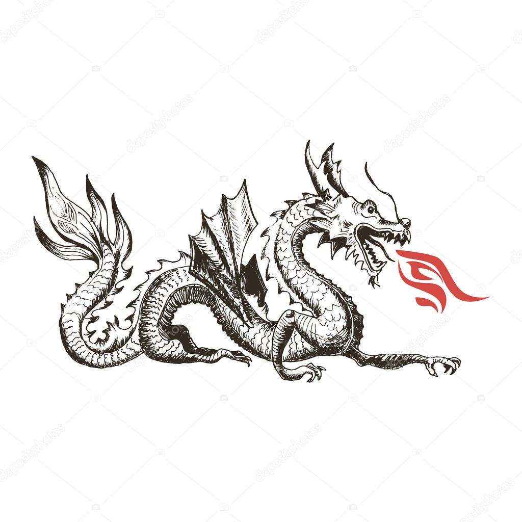 Chinese Dragon as China Symbol and Attribute Vector Illustration. Hand Drawn Flying Monster as Astrological Symbol Concept