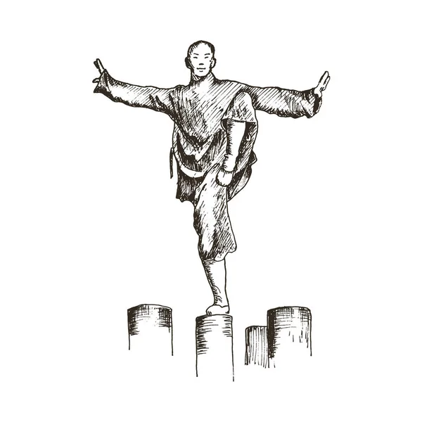 Shaolin Monk Luta Pose Vector Ilustração Mão Desenhada Masculino Vestindo — Vetor de Stock