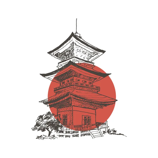 Chinese Pagoda Architectural Building Hand Drawn Vector Illustration Inglês Desenho — Vetor de Stock