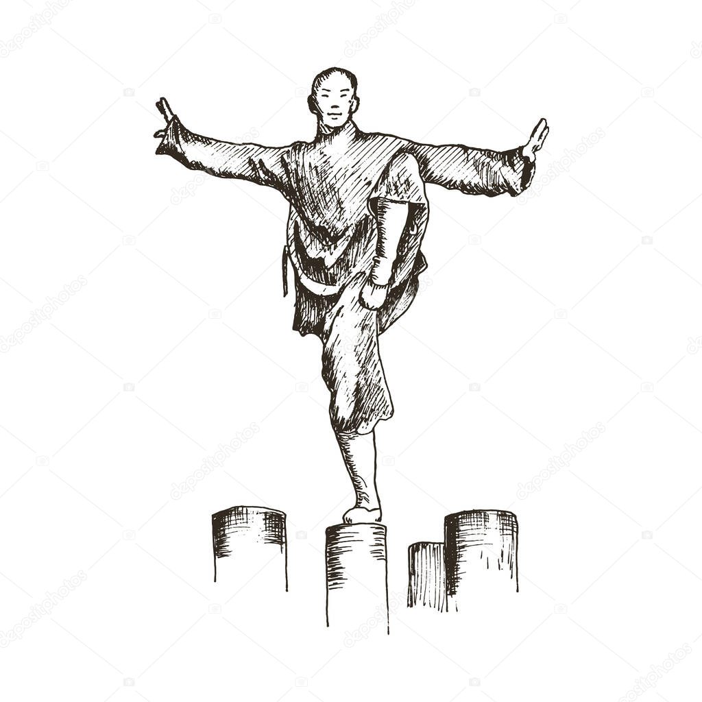 Shaolin Monk Standing in Fighting Pose Vector Illustration. Hand Drawn Male Wearing Loose Clothing Training Body and Soul Concept
